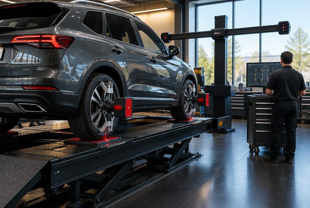 SUV on a computerized four-wheel alignment rack