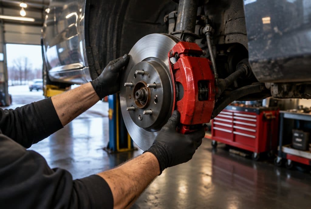 Technician installing a new brake rotor and red caliper