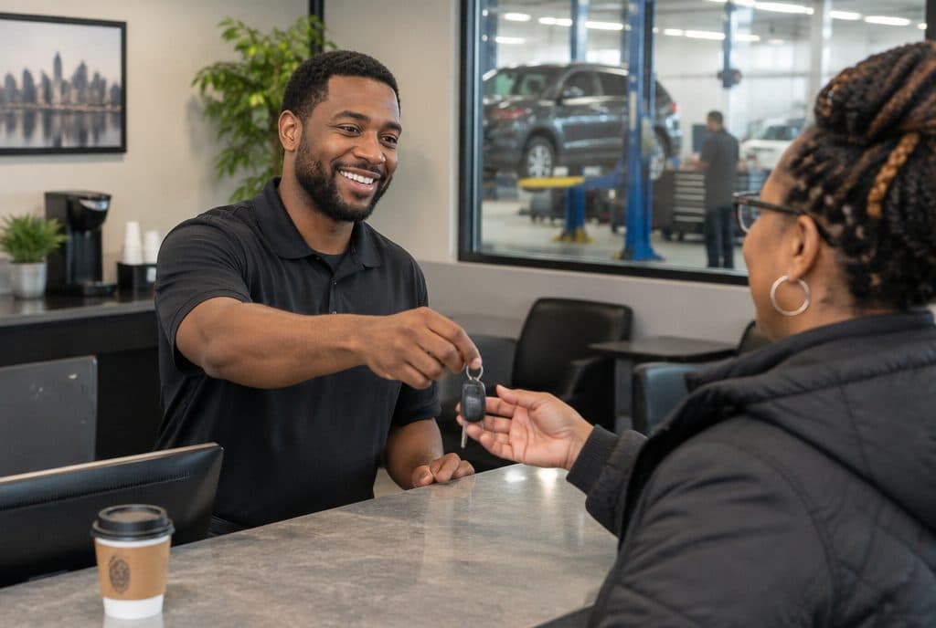 Service advisor handing keys to a customer at the front counter