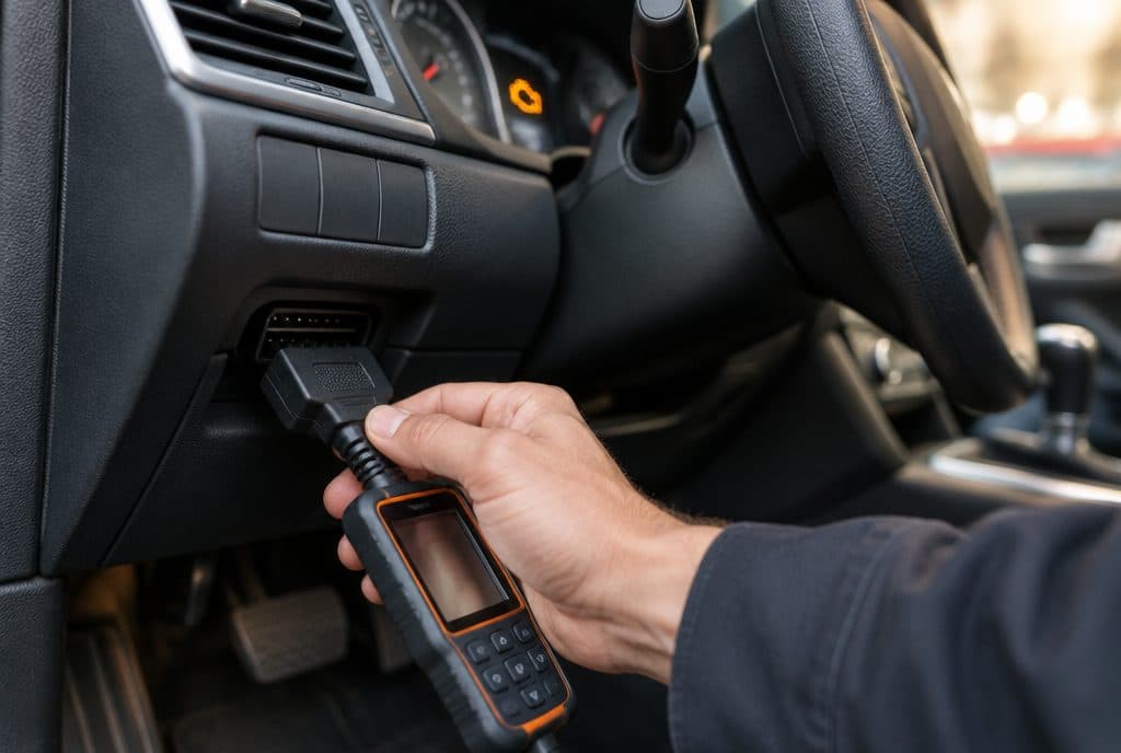 Technician plugging a diagnostic scanner into a car