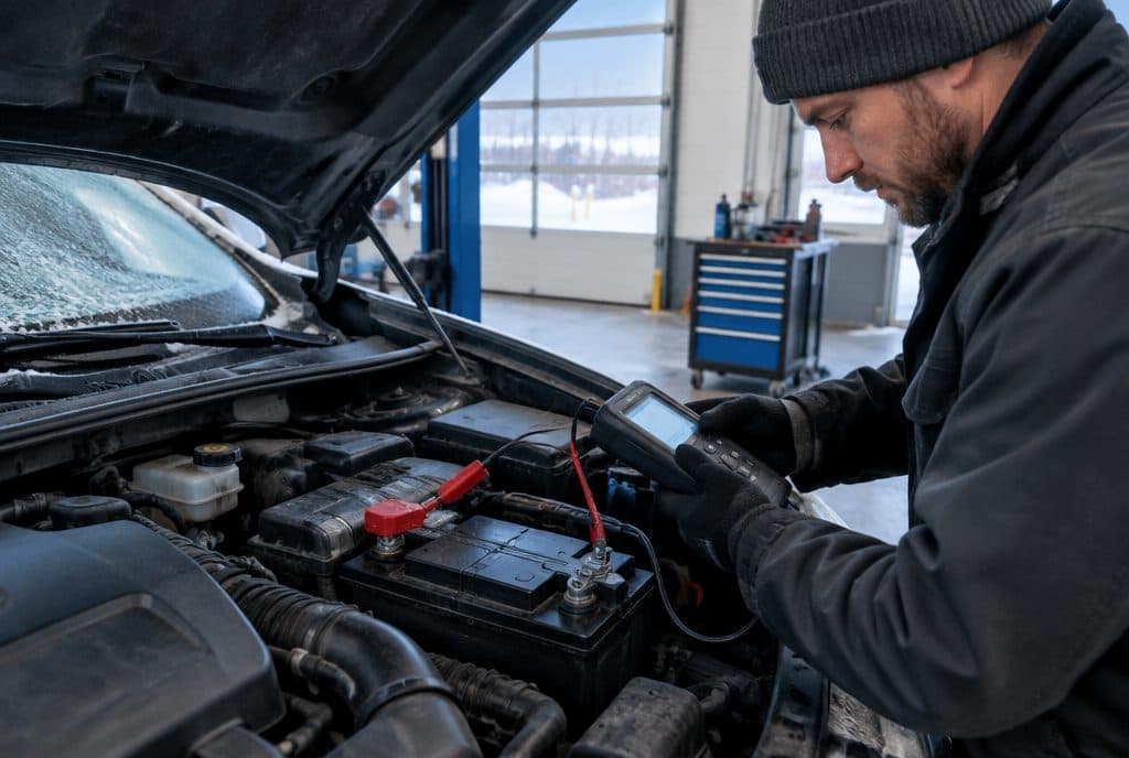 Technician testing a car battery on a winter morning