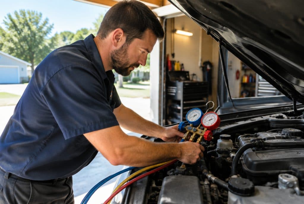 Technician connecting A/C gauges under the hood
